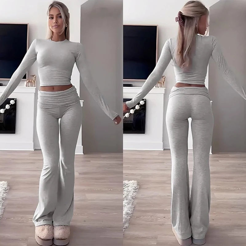 Comfy Cotton Lounge Wear Women Clothes High Stretch Slim Crop Top and Skinny Flare Leg Pants Suit Gym Fitness 2 Two Piece Sets