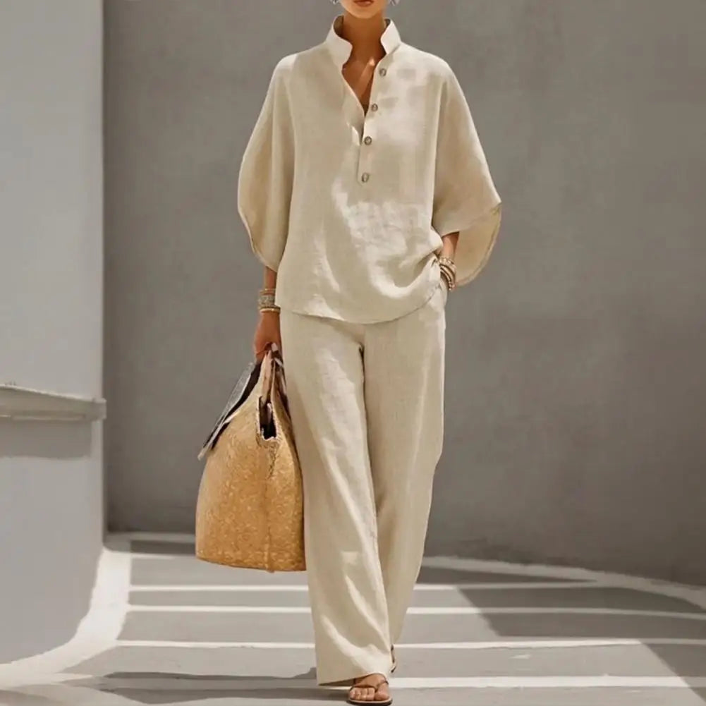 Luxury Fashion Women's Outfit Batwing Sleeve Linen Two-Piece Set Casual Shirt And Wide Leg Pants Summer Vacation Lounge Sets