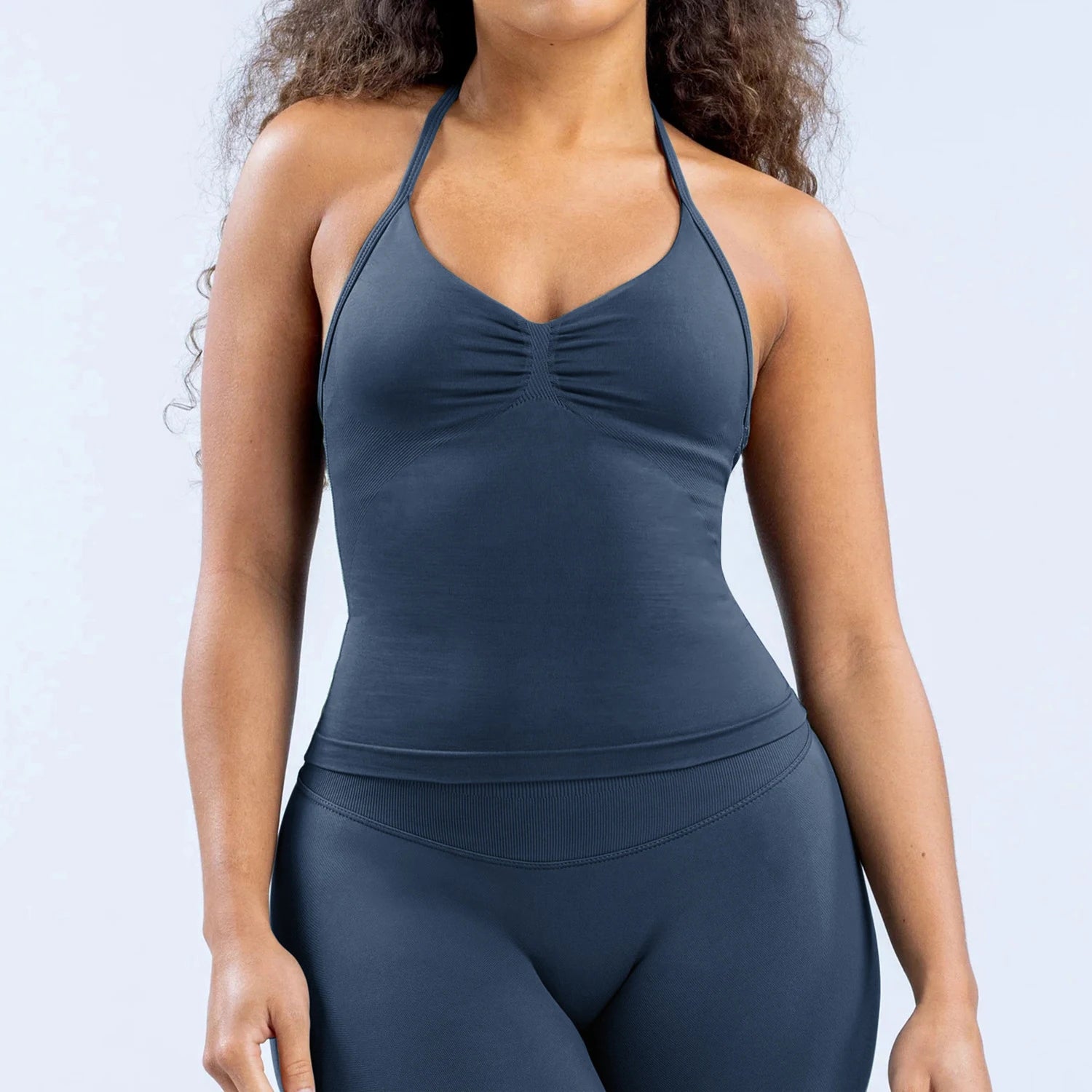 Women Seamless Yoga 2 Piece Set Halter V Neck Ruched Cami Top High Waist Stretch Leggings Gym Workout Fitness Activewear Outfit