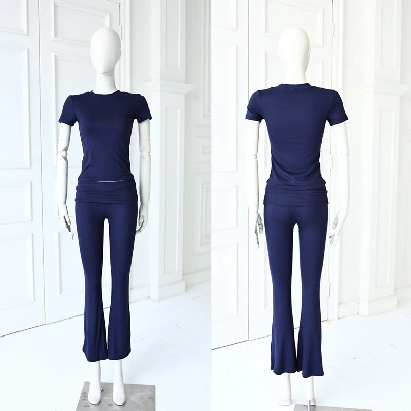 Comfy Cotton Lounge Wear Women Clothes High Stretch Slim Crop Top and Skinny Flare Leg Pants Suit Gym Fitness 2 Two Piece Sets