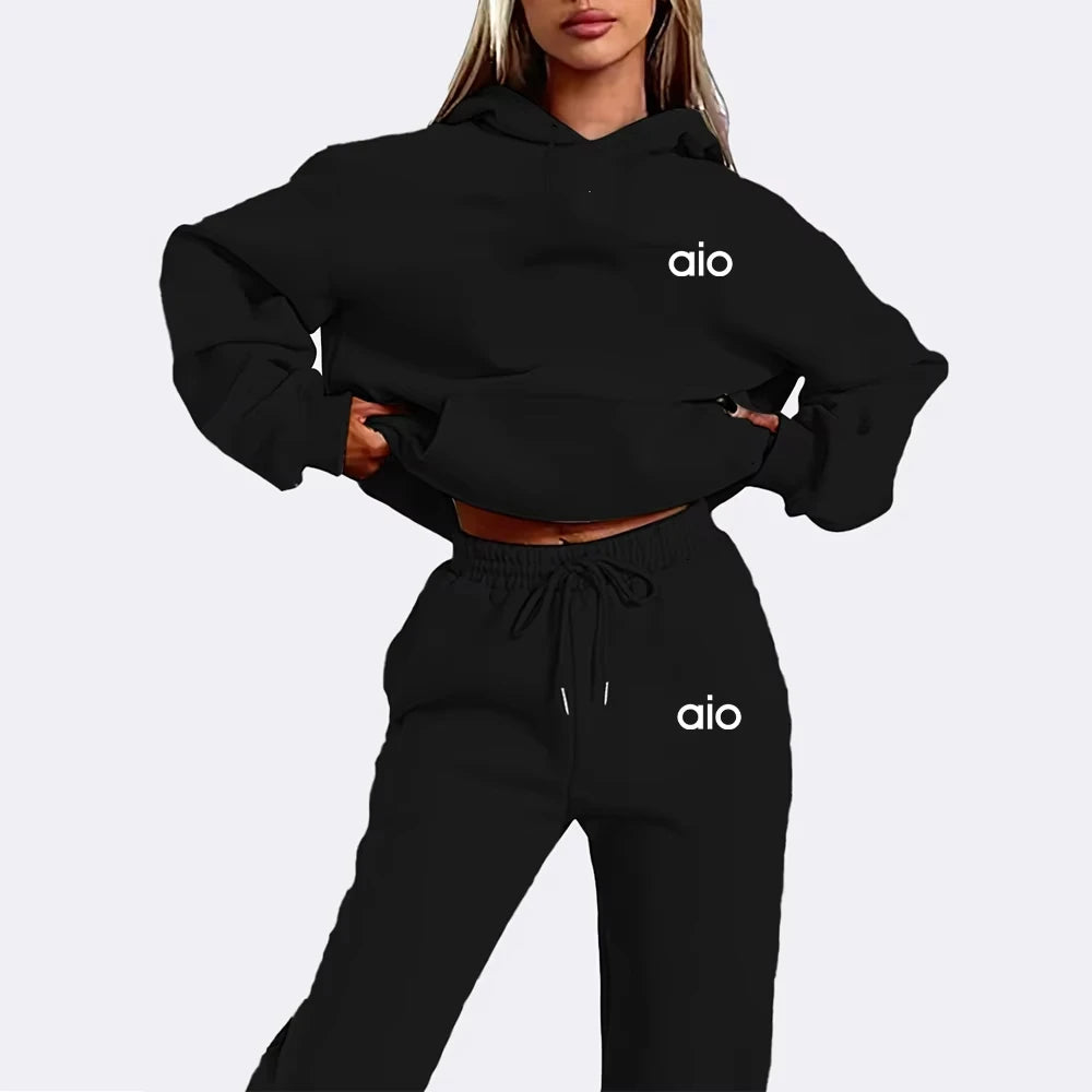 ai Printing High Quality Women Monochrome Hooded Hoodie Set Casual Two-Piece Set New Fashion Hot sweatpants tracksuit