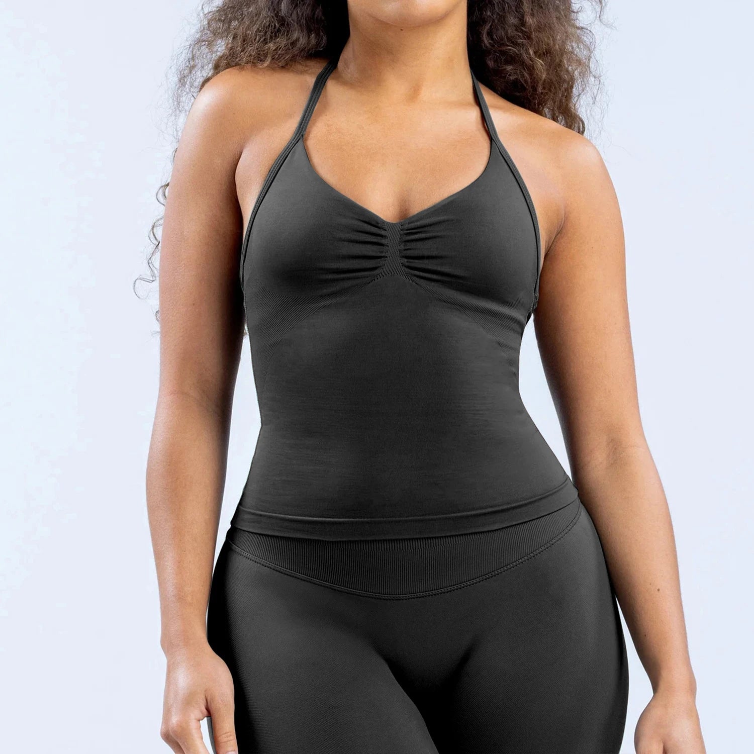 Women Seamless Yoga 2 Piece Set Halter V Neck Ruched Cami Top High Waist Stretch Leggings Gym Workout Fitness Activewear Outfit
