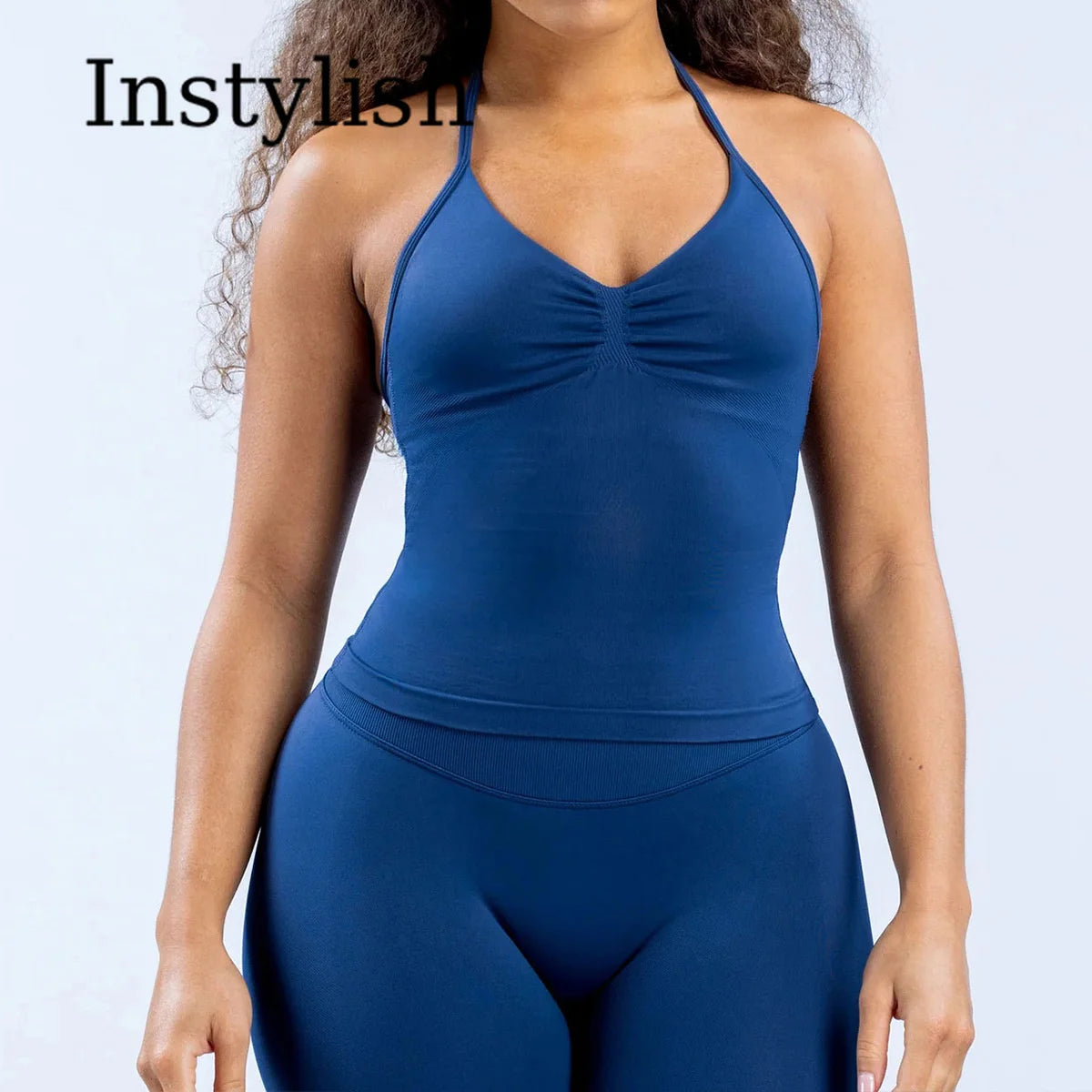 Women Seamless Yoga 2 Piece Set Halter V Neck Ruched Cami Top High Waist Stretch Leggings Gym Workout Fitness Activewear Outfit