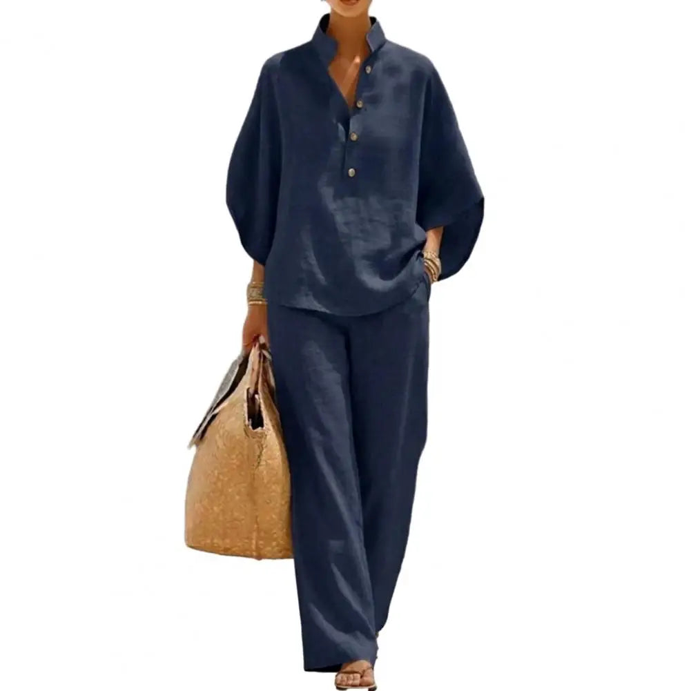 Women's Batwing Sleeve Linen Two-Piece Set Casual Shirt And Wide Leg Pants Outfit Summer Vacation Lounge Sets