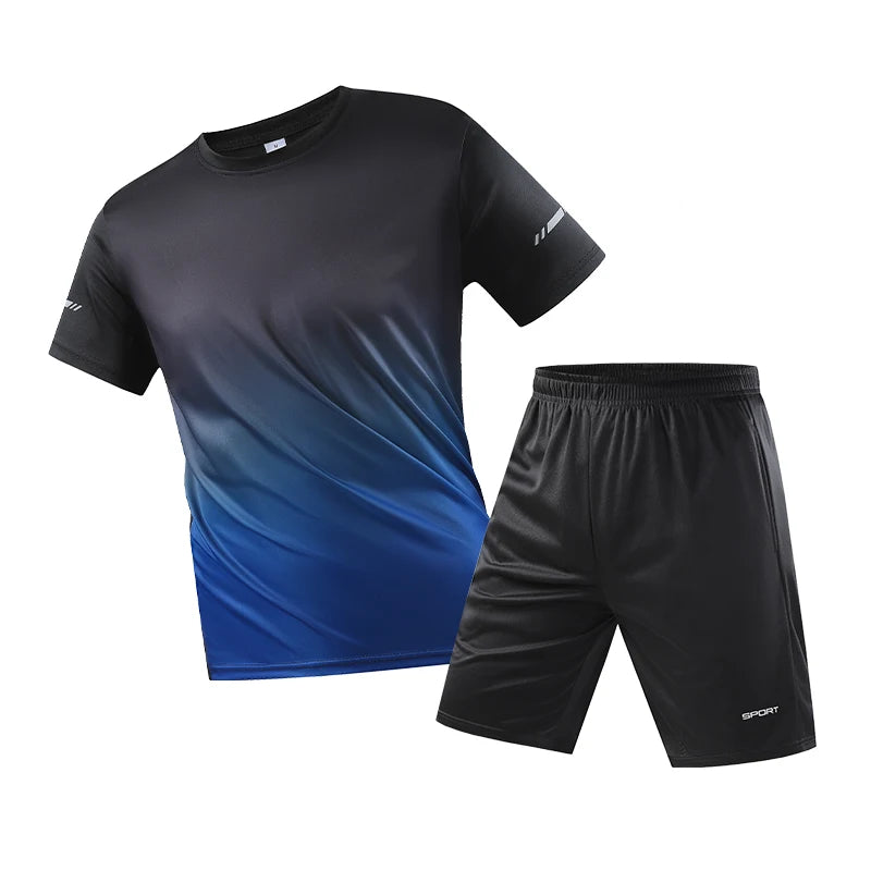 Men Quick Dry Sportswear Set 2 Piece Gradient T Shirt Shorts Lightweight Polyester Summer Gym Running Training Tracksuit
