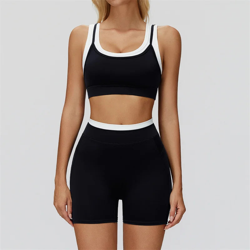 TRY TO BN Yoga Shorts Sets Women's Tracksuit Two Fake Pieces Sports Ribbed Contrasting Color Workout Running Fitness Gym Clothes