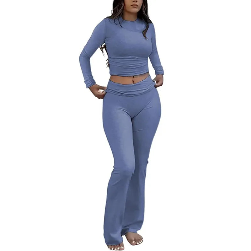 Comfy Cotton Lounge Wear Women Clothes High Stretch Slim Crop Top and Skinny Flare Leg Pants Suit Gym Fitness 2 Two Piece Sets