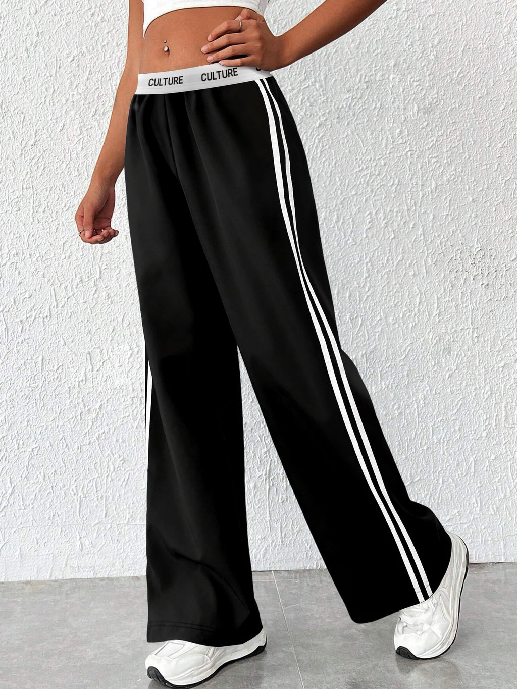 High-Waisted Elastic Waist Pants with Double Stripes - Oversized Comfy Lounge Trousers
