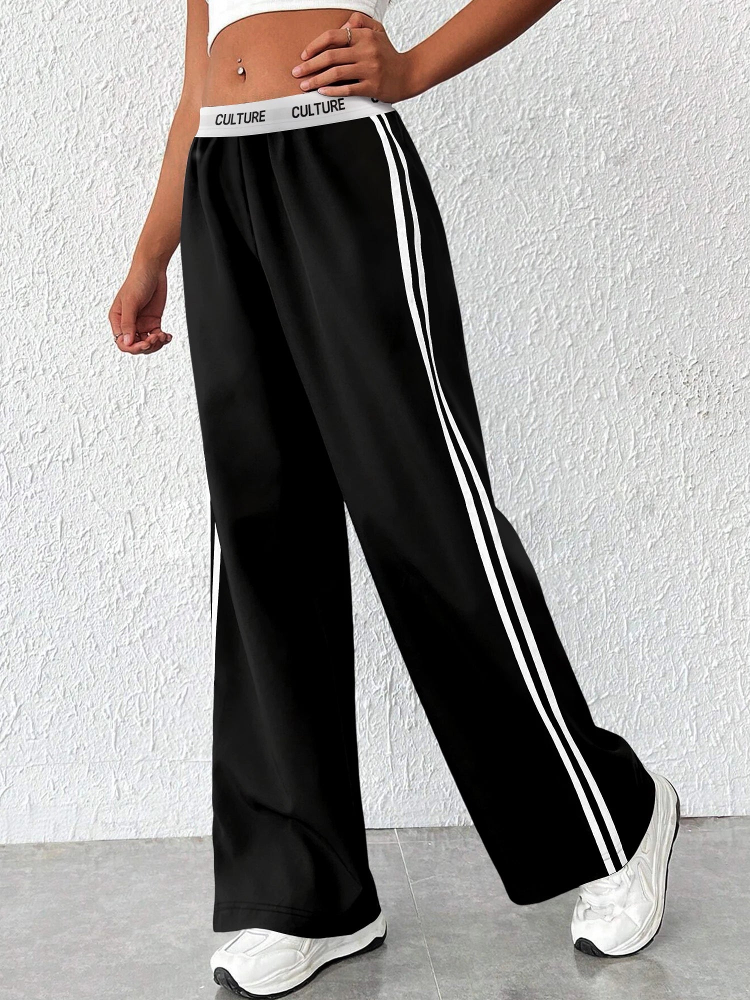 High-Waisted Elastic Waist Pants with Double Stripes - Oversized Comfy Lounge Trousers