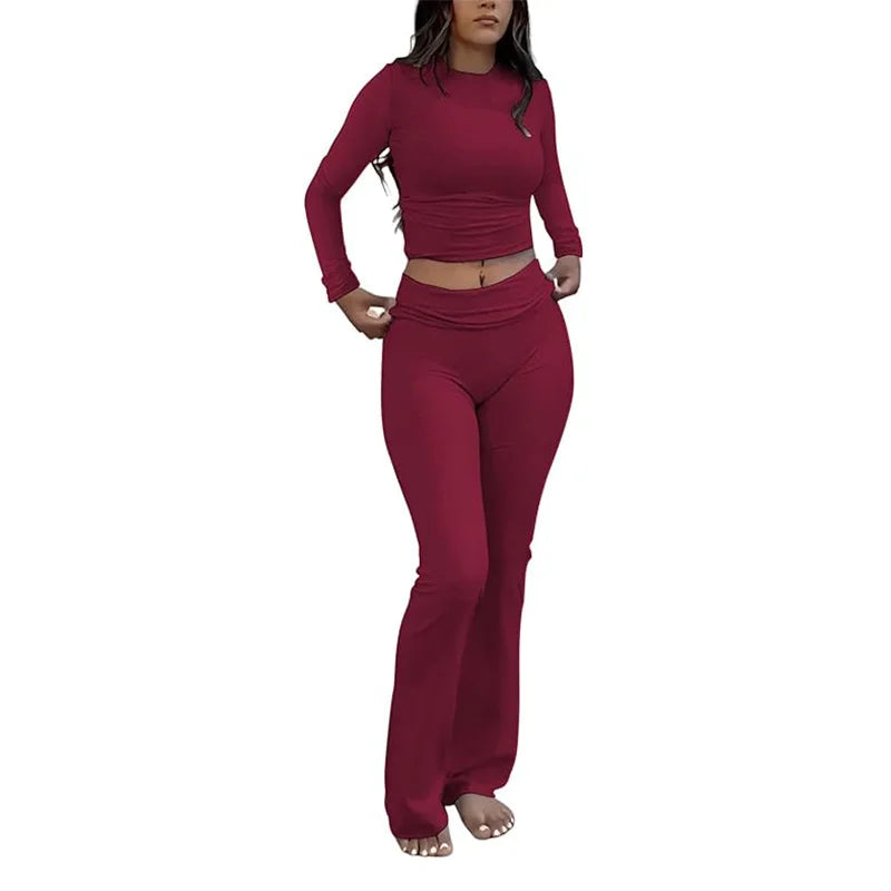 Comfy Cotton Lounge Wear Women Clothes High Stretch Slim Crop Top and Skinny Flare Leg Pants Suit Gym Fitness 2 Two Piece Sets
