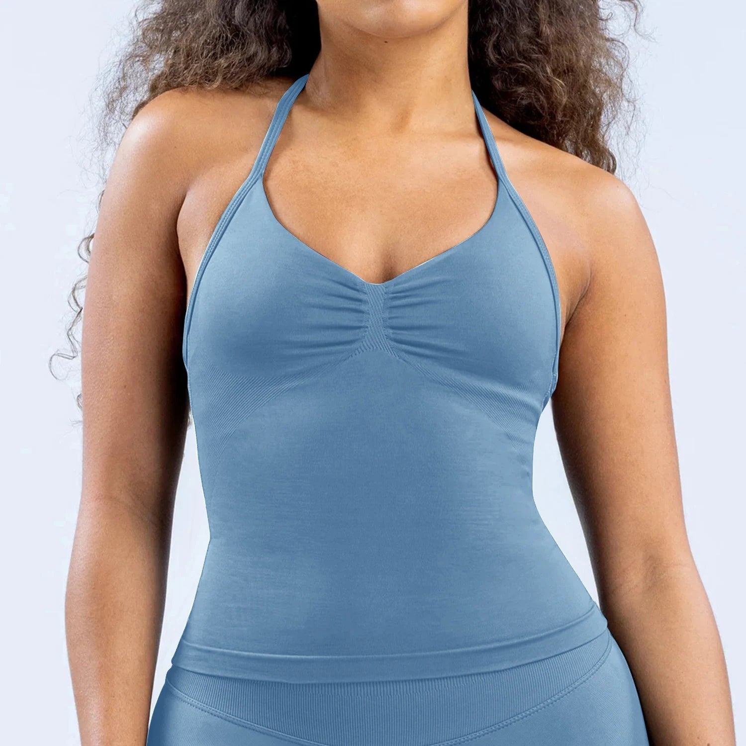 Women Seamless Yoga 2 Piece Set Halter V Neck Ruched Cami Top High Waist Stretch Leggings Gym Workout Fitness Activewear Outfit