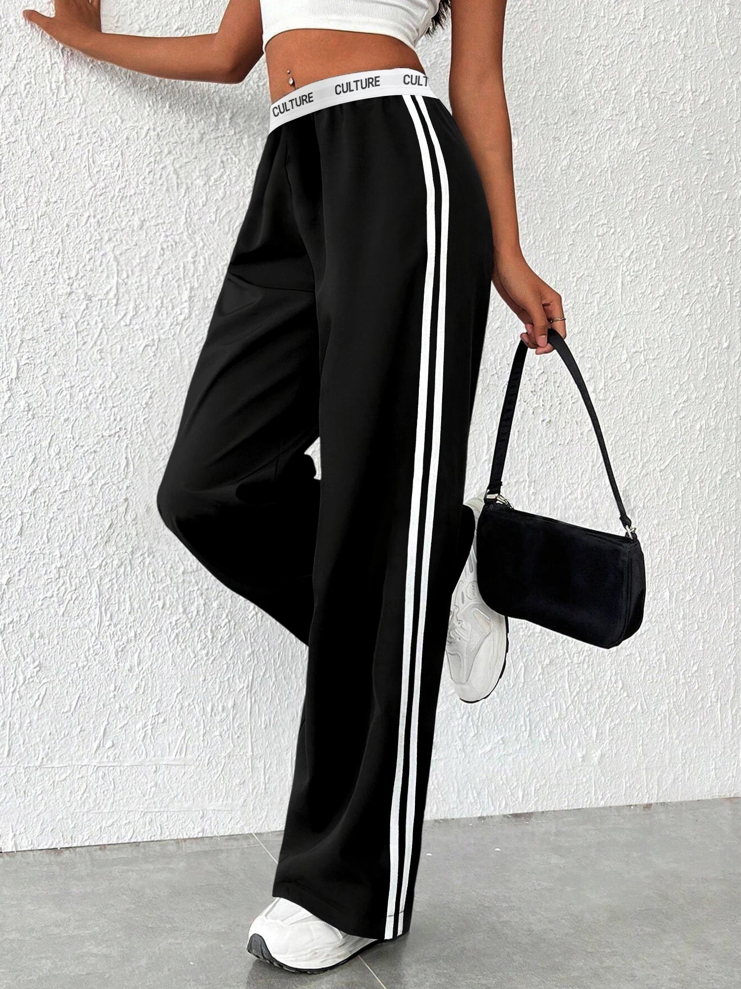 High-Waisted Elastic Waist Pants with Double Stripes - Oversized Comfy Lounge Trousers