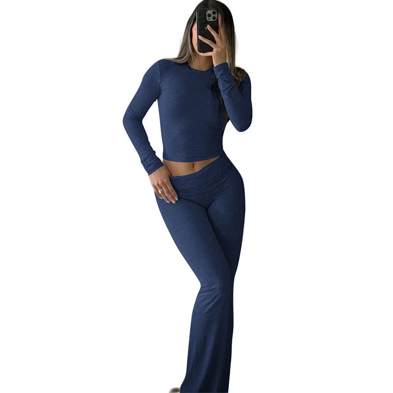 Comfy Cotton Lounge Wear Women Clothes High Stretch Slim Crop Top and Skinny Flare Leg Pants Suit Gym Fitness 2 Two Piece Sets