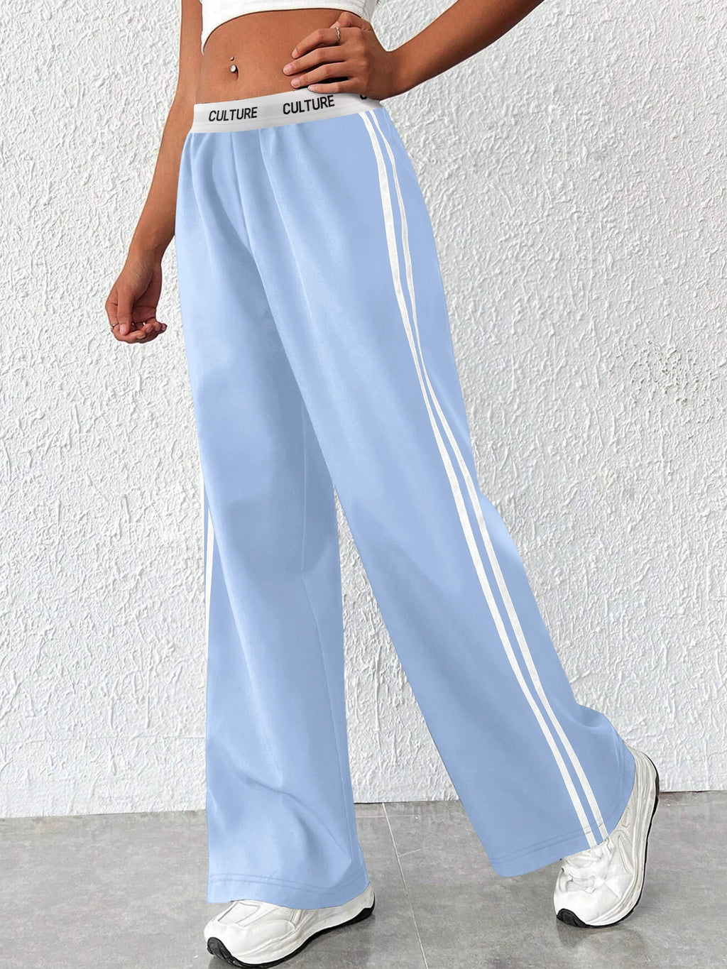 High-Waisted Elastic Waist Pants with Double Stripes - Oversized Comfy Lounge Trousers
