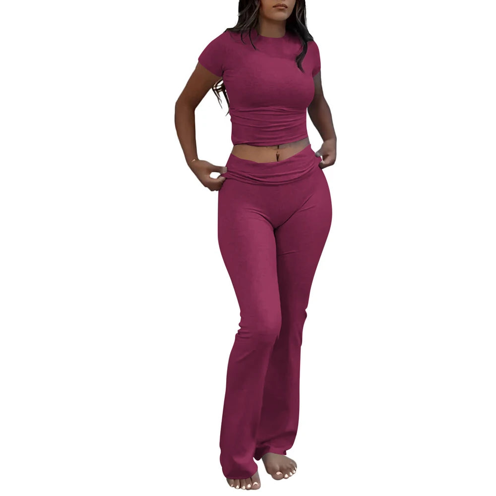 Comfy Cotton Lounge Wear Women Clothes High Stretch Slim Crop Top and Skinny Flare Leg Pants Suit Gym Fitness 2 Two Piece Sets