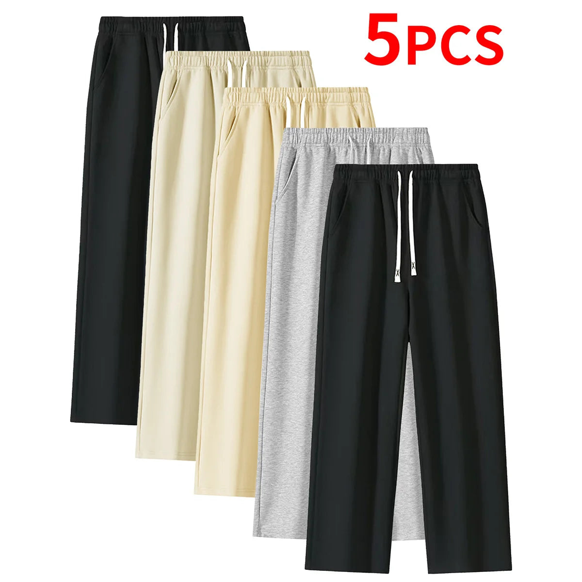 5-piece set of men's casual pants, solid color loose sports pants, slightly elastic straight leg pants, suitable for jogging, fitness, outdoor sports, long pants long