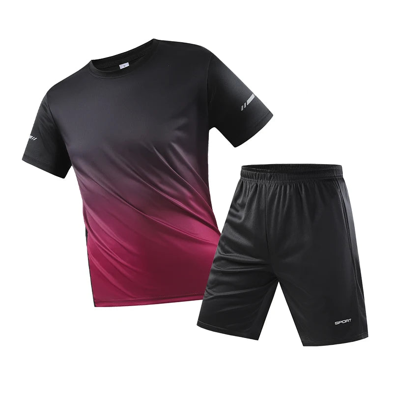 Men Quick Dry Sportswear Set 2 Piece Gradient T Shirt Shorts Lightweight Polyester Summer Gym Running Training Tracksuit