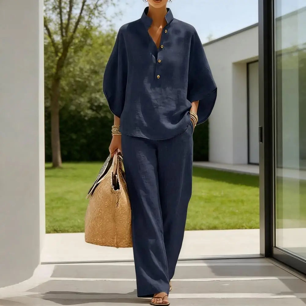 Women's Batwing Sleeve Linen Two-Piece Set Casual Shirt And Wide Leg Pants Outfit Summer Vacation Lounge Sets