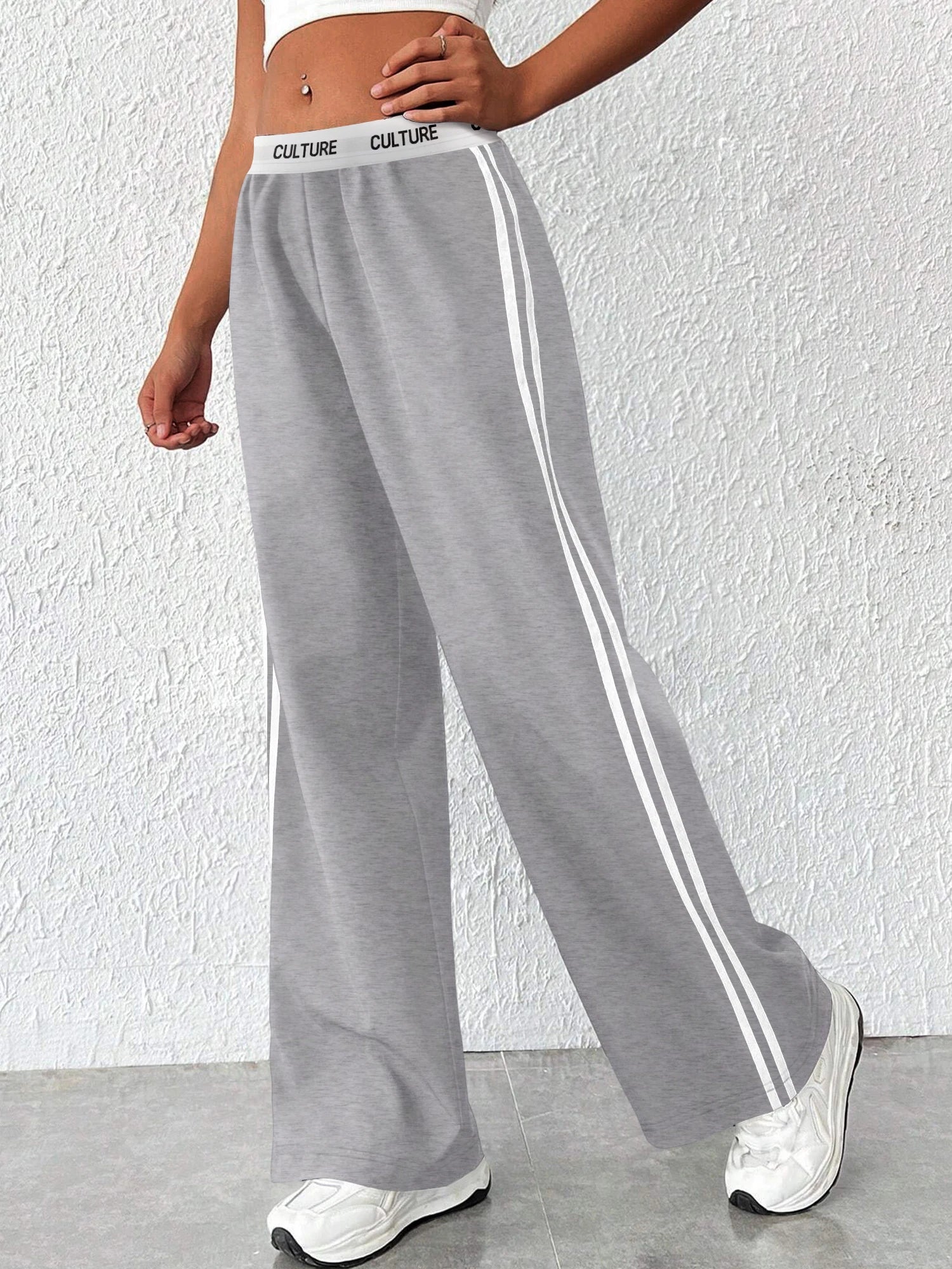 High-Waisted Elastic Waist Pants with Double Stripes - Oversized Comfy Lounge Trousers