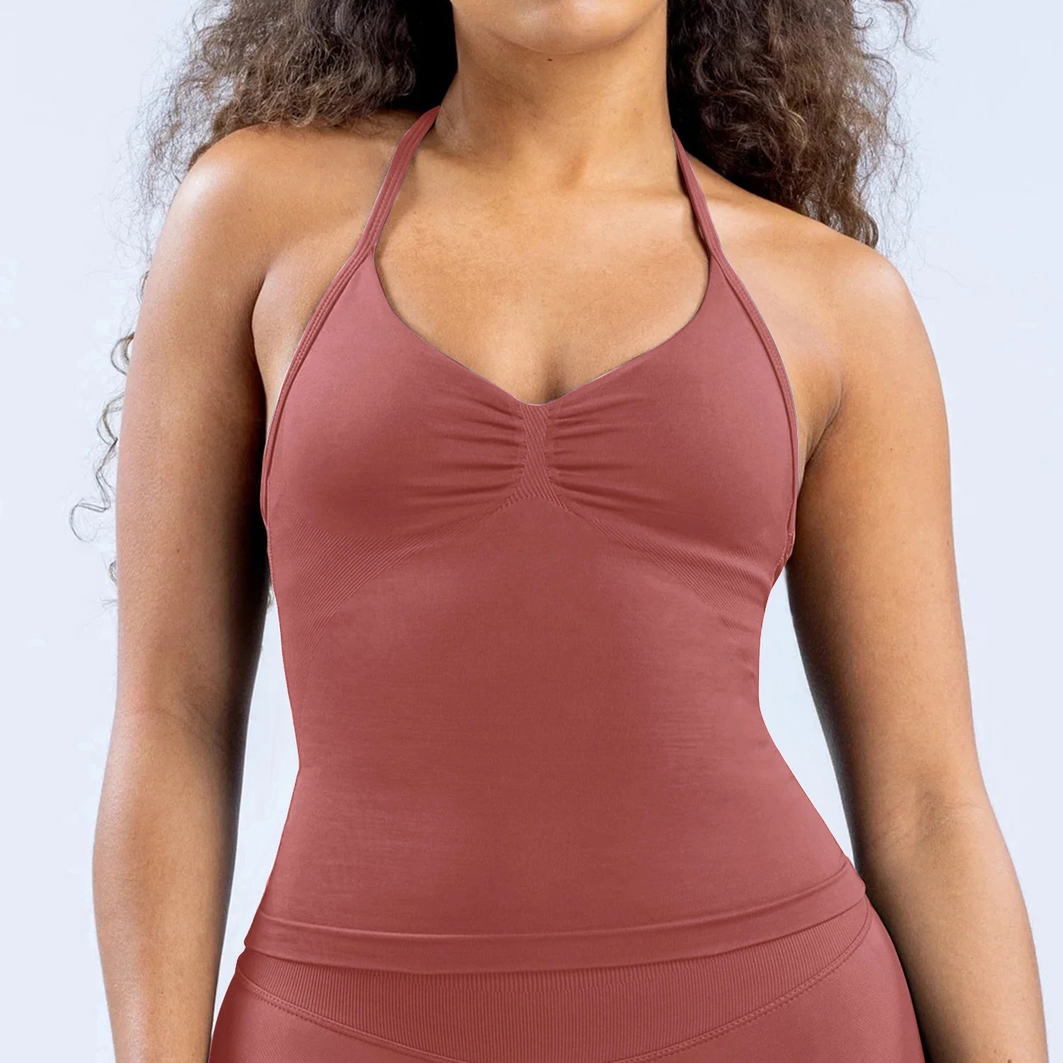 Women Seamless Yoga 2 Piece Set Halter V Neck Ruched Cami Top High Waist Stretch Leggings Gym Workout Fitness Activewear Outfit