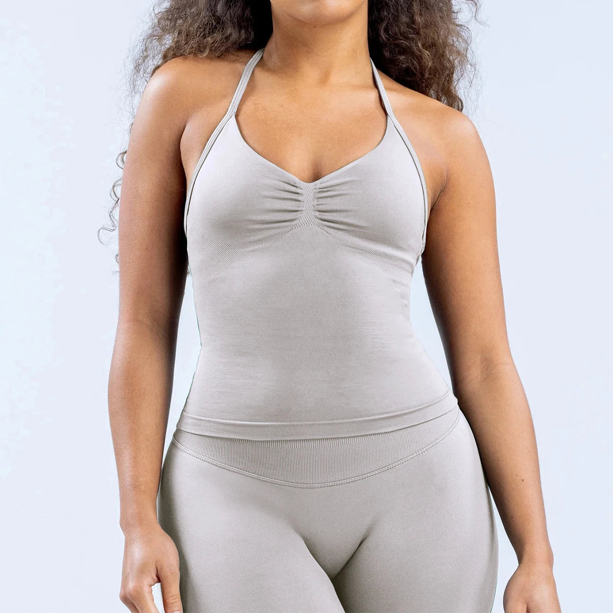 Women Seamless Yoga 2 Piece Set Halter V Neck Ruched Cami Top High Waist Stretch Leggings Gym Workout Fitness Activewear Outfit