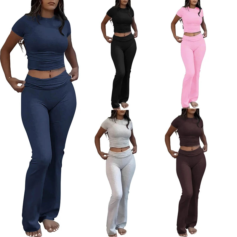 Comfy Cotton Lounge Wear Women Clothes High Stretch Slim Crop Top and Skinny Flare Leg Pants Suit Gym Fitness 2 Two Piece Sets