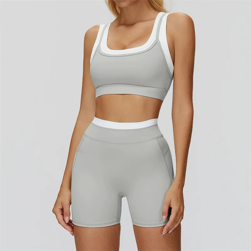 TRY TO BN Yoga Shorts Sets Women's Tracksuit Two Fake Pieces Sports Ribbed Contrasting Color Workout Running Fitness Gym Clothes