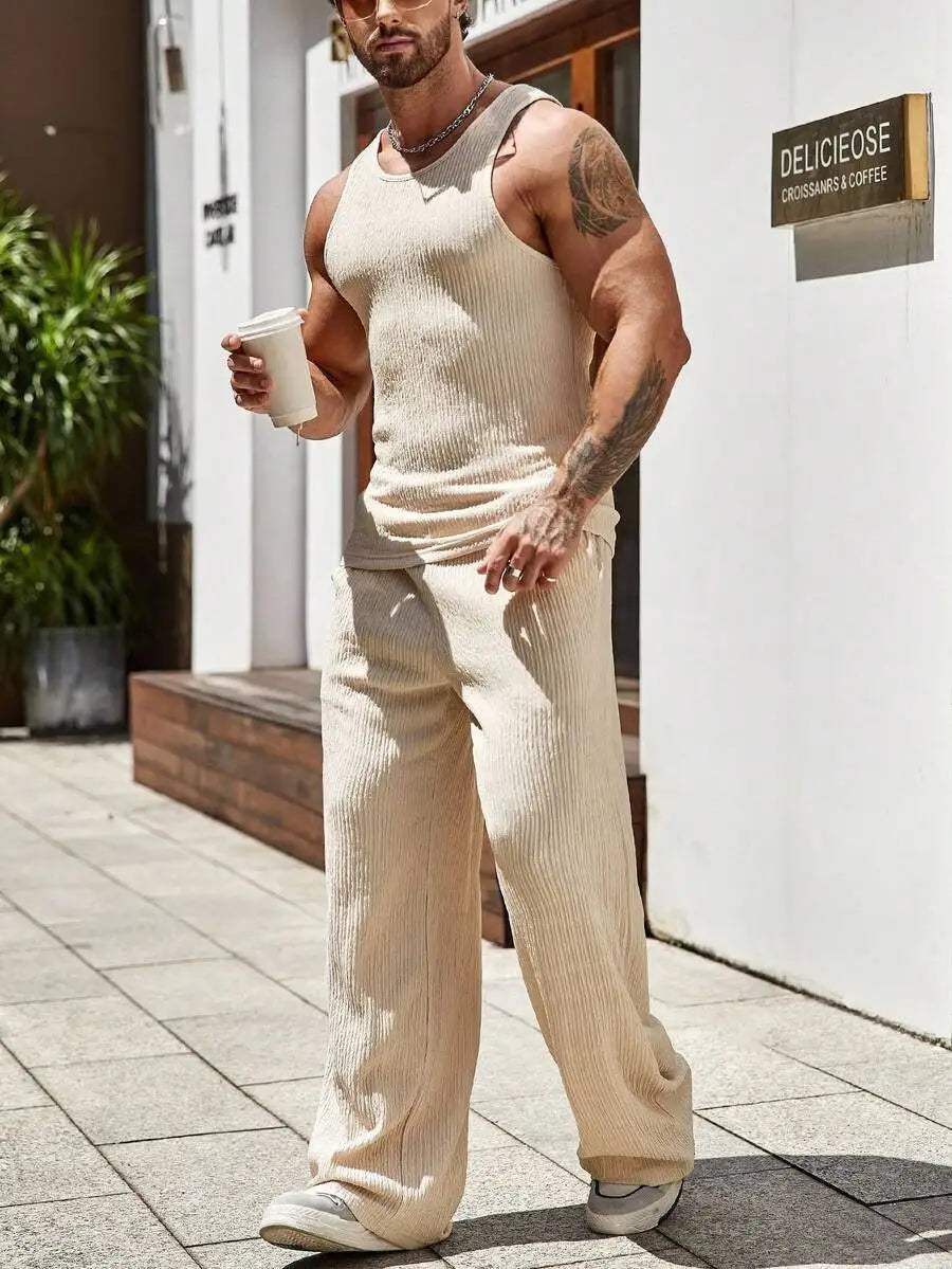 Men Solid Tank Top And Pants Set Sleeveless Ribbed Two Piece Outfit
