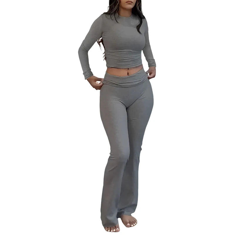 Comfy Cotton Lounge Wear Women Clothes High Stretch Slim Crop Top and Skinny Flare Leg Pants Suit Gym Fitness 2 Two Piece Sets