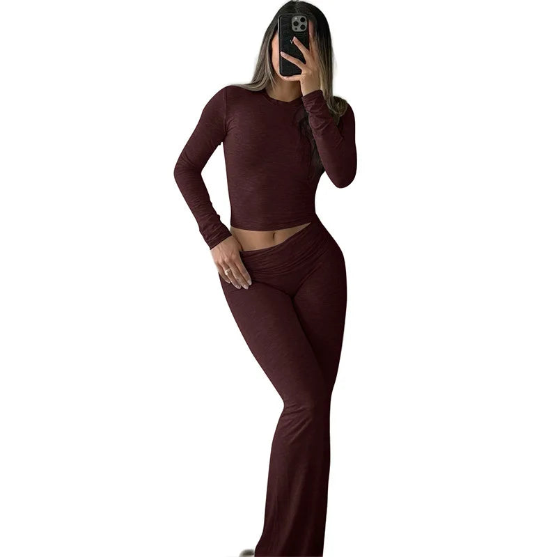 Comfy Cotton Lounge Wear Women Clothes High Stretch Slim Crop Top and Skinny Flare Leg Pants Suit Gym Fitness 2 Two Piece Sets