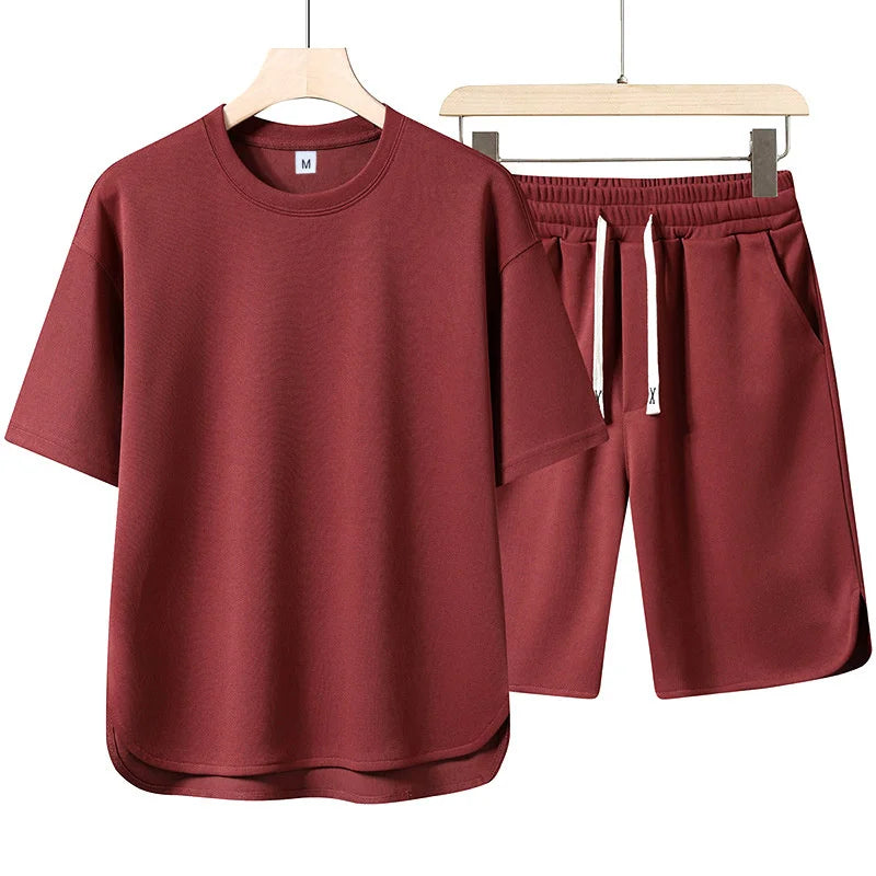 2026 Summer New Men Suit Round Neck Short Sleeve T-shirt+shorts Two Piece Set Loose Outdoor Sports Casual Solid Color Tracksuit