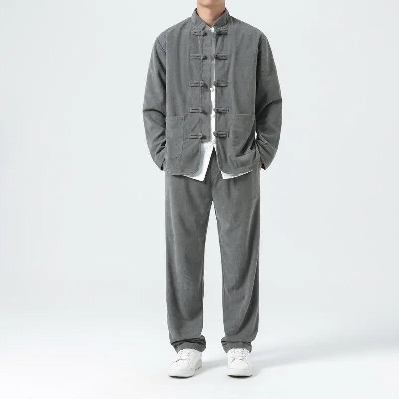 Men Corduroy Sets Men Tang Suit Jackets +Pants Male Kung Fu Traditional Chinese Top & Bottom Sets Men Tai Chi Hanfu Tracksuit