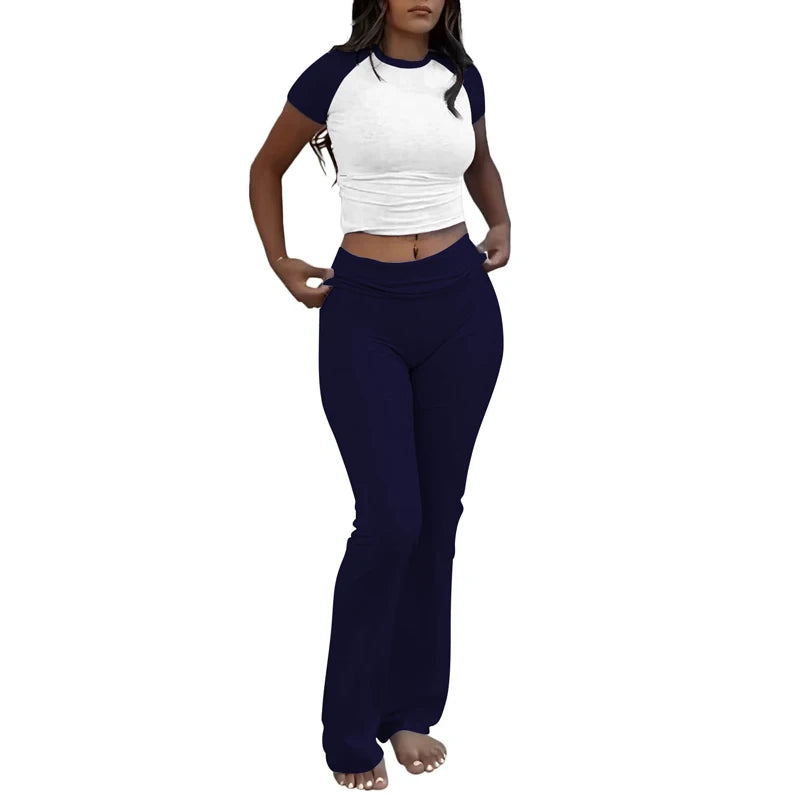 Comfy Cotton Lounge Wear Women Clothes High Stretch Slim Crop Top and Skinny Flare Leg Pants Suit Gym Fitness 2 Two Piece Sets
