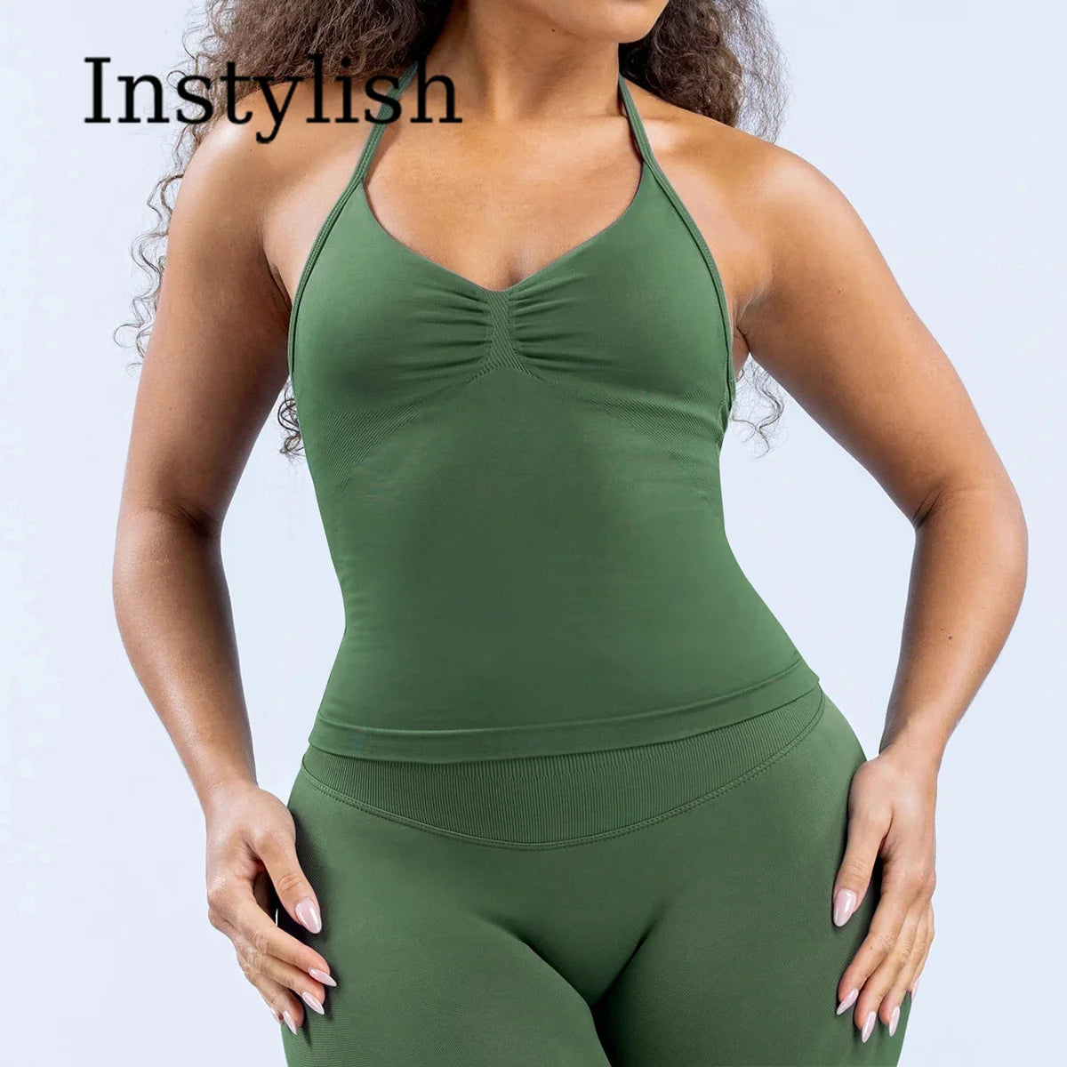 Women Seamless Yoga 2 Piece Set Halter V Neck Ruched Cami Top High Waist Stretch Leggings Gym Workout Fitness Activewear Outfit