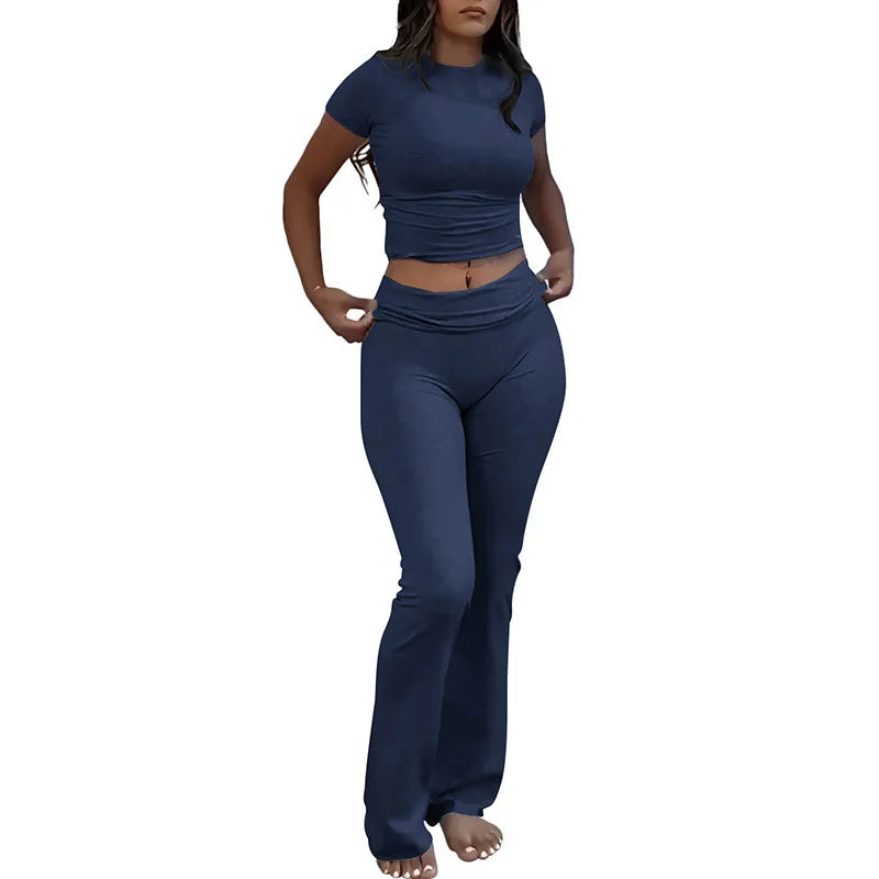 Comfy Cotton Lounge Wear Women Clothes High Stretch Slim Crop Top and Skinny Flare Leg Pants Suit Gym Fitness 2 Two Piece Sets