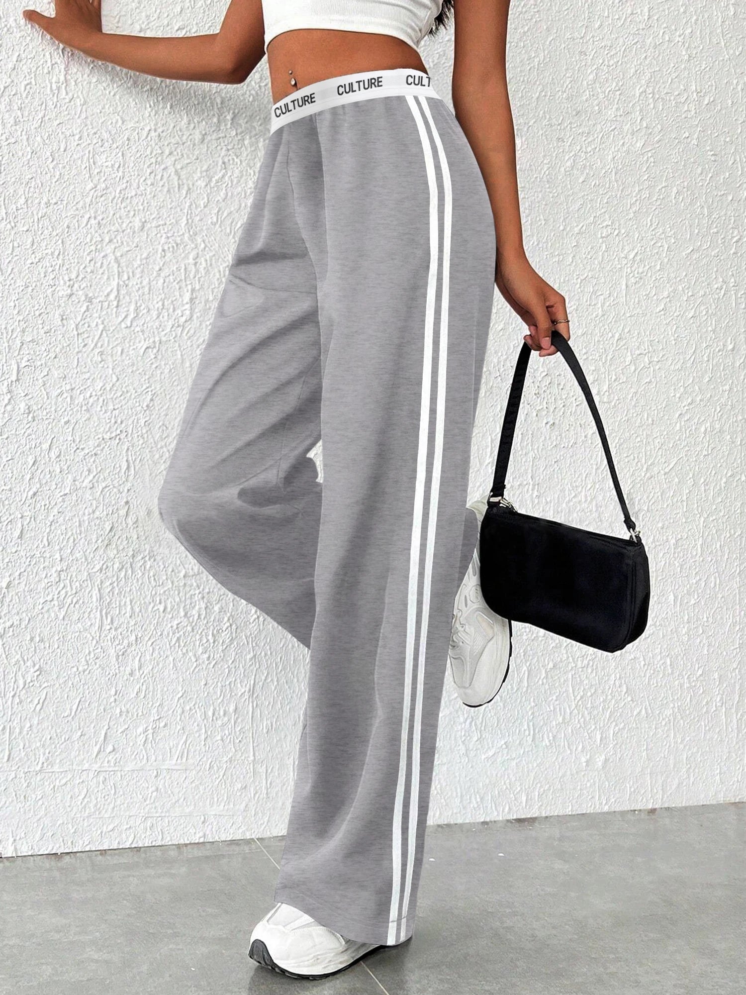 High-Waisted Elastic Waist Pants with Double Stripes - Oversized Comfy Lounge Trousers