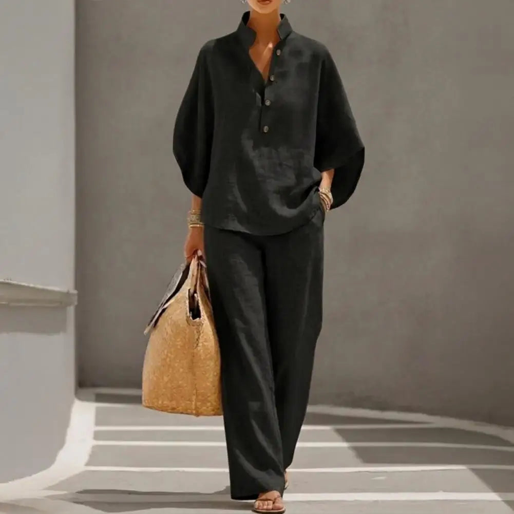 Luxury Fashion Women's Outfit Batwing Sleeve Linen Two-Piece Set Casual Shirt And Wide Leg Pants Summer Vacation Lounge Sets