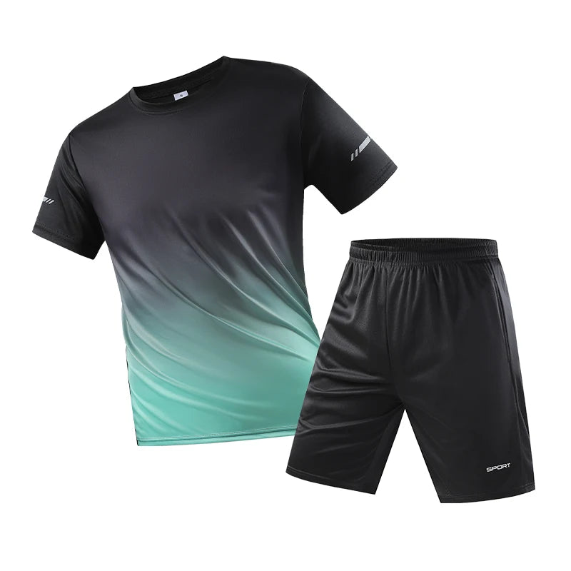 Men Quick Dry Sportswear Set 2 Piece Gradient T Shirt Shorts Lightweight Polyester Summer Gym Running Training Tracksuit