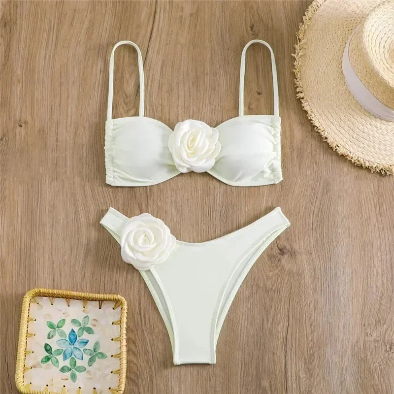 Women's Flower Bandeau Bikini Set – Lace-Up Thong Brazilian Swimsuit