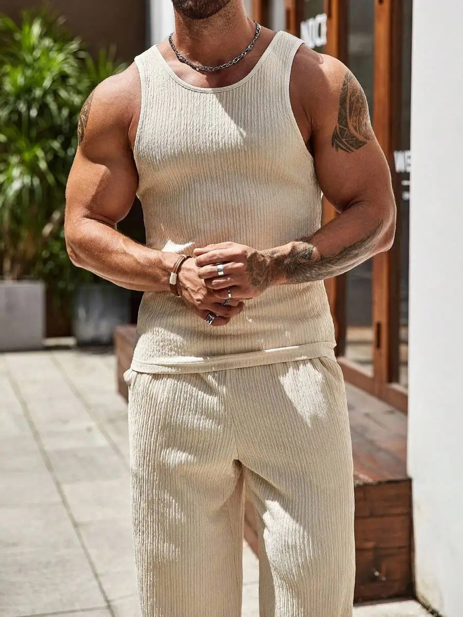 Men Solid Tank Top And Pants Set Sleeveless Ribbed Two Piece Outfit