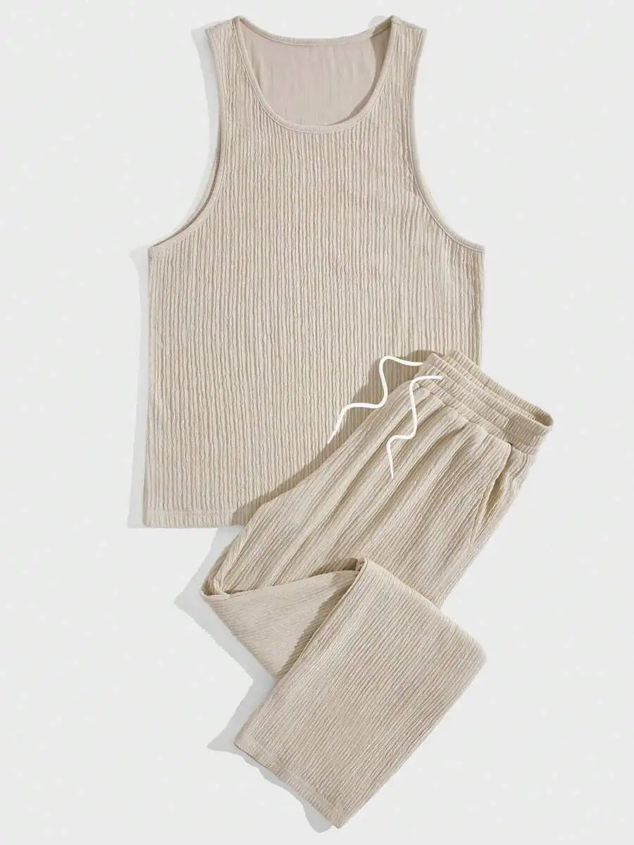 Men Solid Tank Top And Pants Set Sleeveless Ribbed Two Piece Outfit