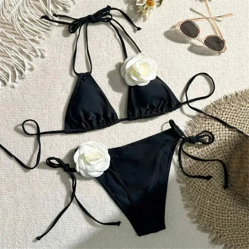 Women's Flower Bandeau Bikini Set – Lace-Up Thong Brazilian Swimsuit