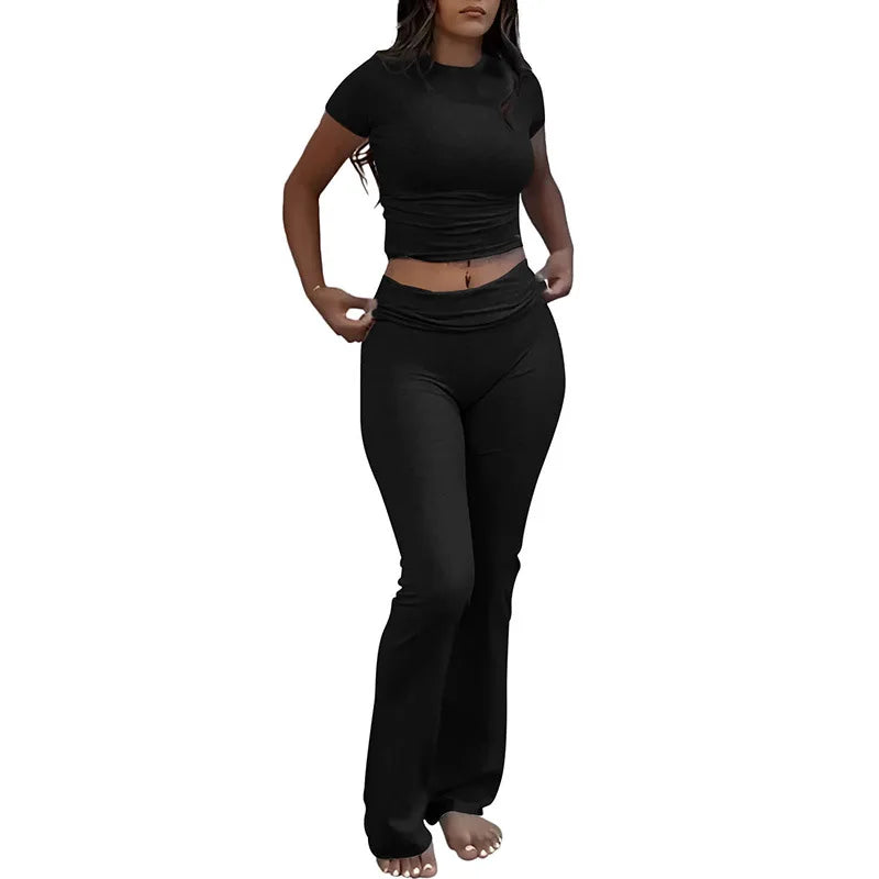 Comfy Cotton Lounge Wear Women Clothes High Stretch Slim Crop Top and Skinny Flare Leg Pants Suit Gym Fitness 2 Two Piece Sets