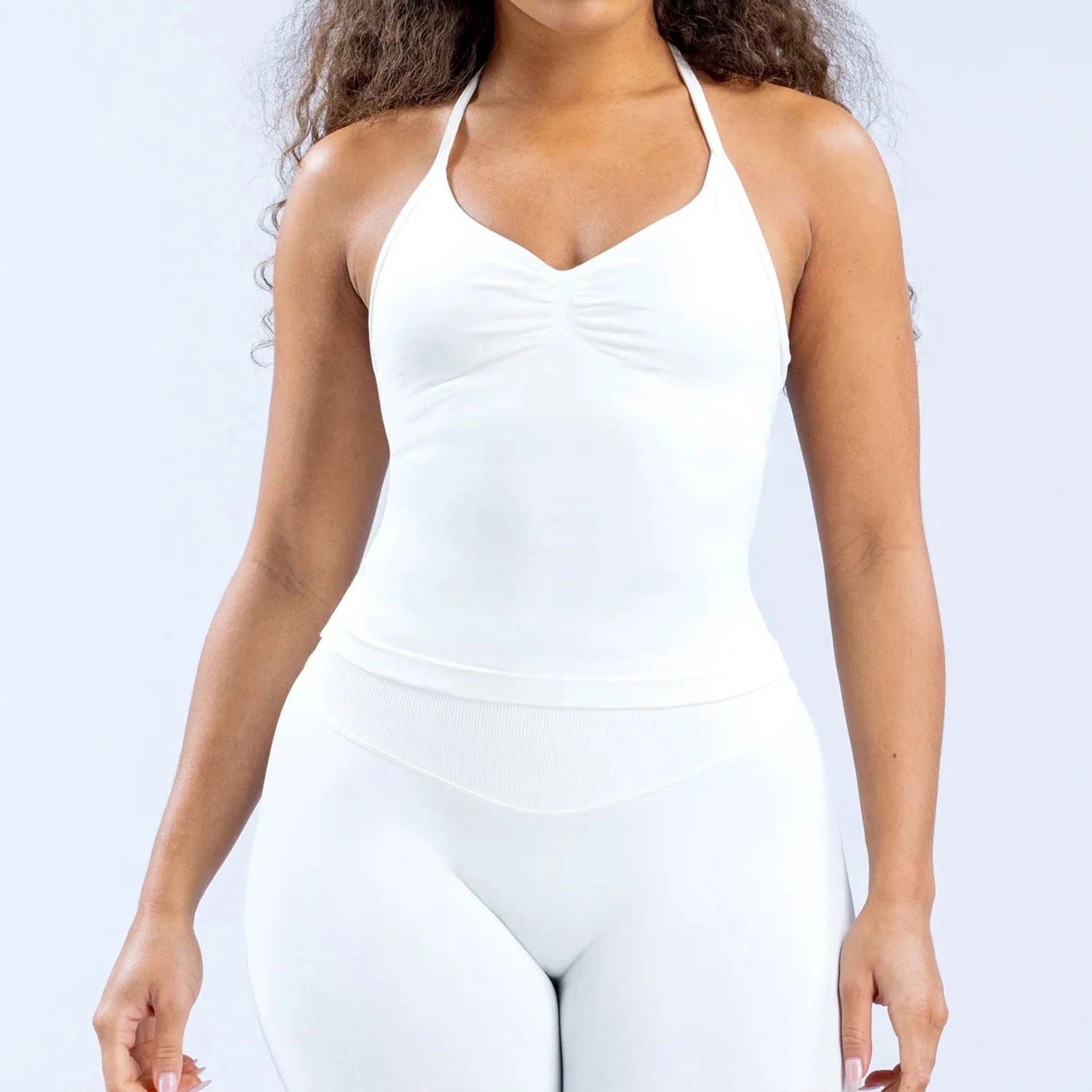 Women Seamless Yoga 2 Piece Set Halter V Neck Ruched Cami Top High Waist Stretch Leggings Gym Workout Fitness Activewear Outfit