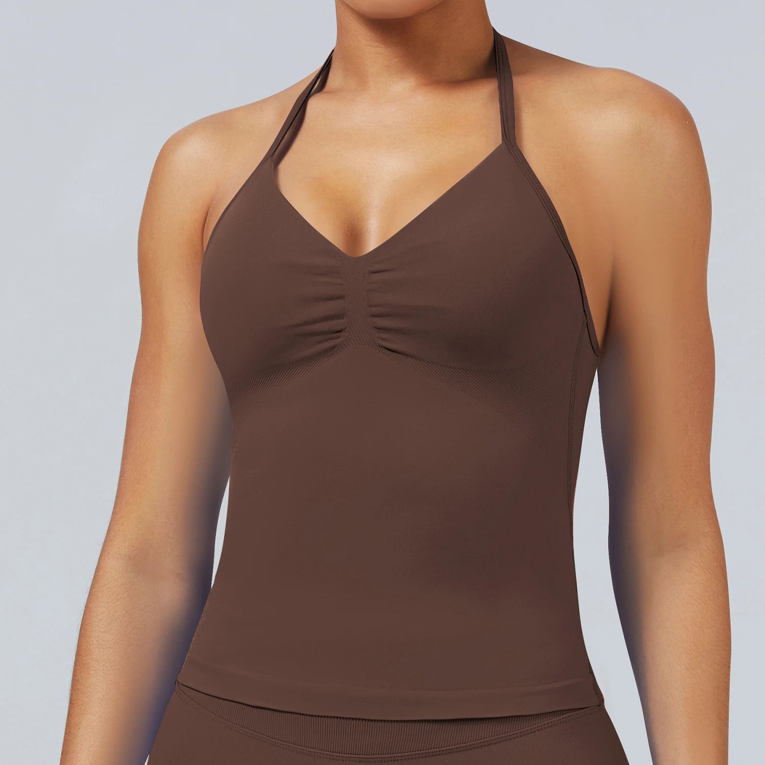 Women Seamless Yoga 2 Piece Set Halter V Neck Ruched Cami Top High Waist Stretch Leggings Gym Workout Fitness Activewear Outfit