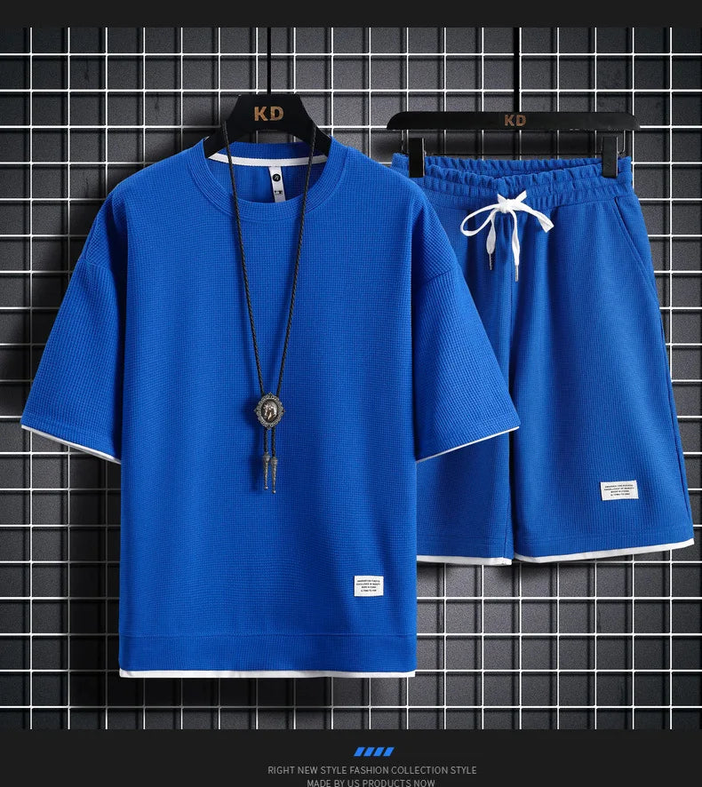Summer Men's Waffle Sets Casual T-Shirt And Shorts Set Male Sports Suit Solid Color Tracksuit Loose Suits