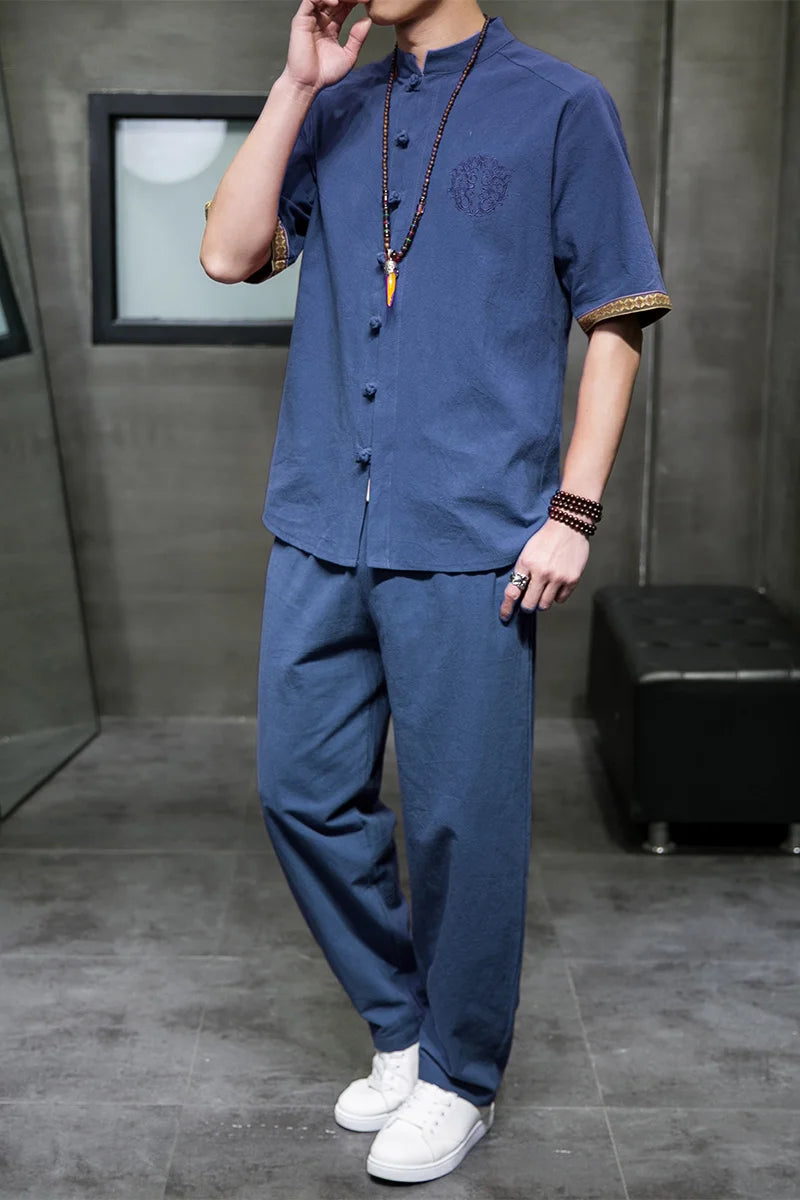Mens Linen Sets 2023 Summer Men Streetwear Jogger Shirts+Long Pants Male Chinese Style 2 Pieces Hanfu Tracksuit Tang Suit 5Xl