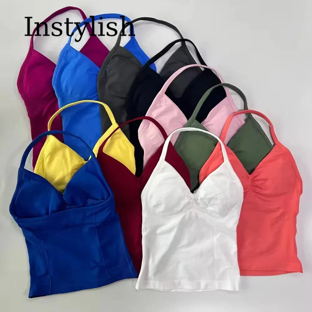 Women Seamless Yoga 2 Piece Set Halter V Neck Ruched Cami Top High Waist Stretch Leggings Gym Workout Fitness Activewear Outfit