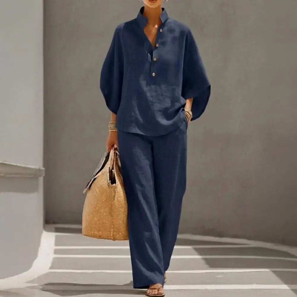 Luxury Fashion Women's Outfit Batwing Sleeve Linen Two-Piece Set Casual Shirt And Wide Leg Pants Summer Vacation Lounge Sets