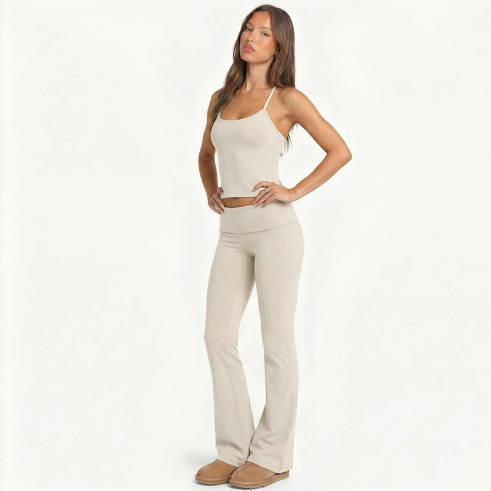 2 Piece Yoga Set Women Foldover Waist Flare Pants Bell Bottoms Tank Top Matching Set Gym Workout Fitness Wear Lounge Wear Suit